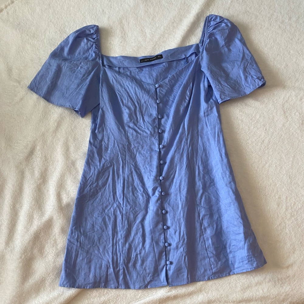 Zara Blue Button Up Puff Sleeve Mini Dress